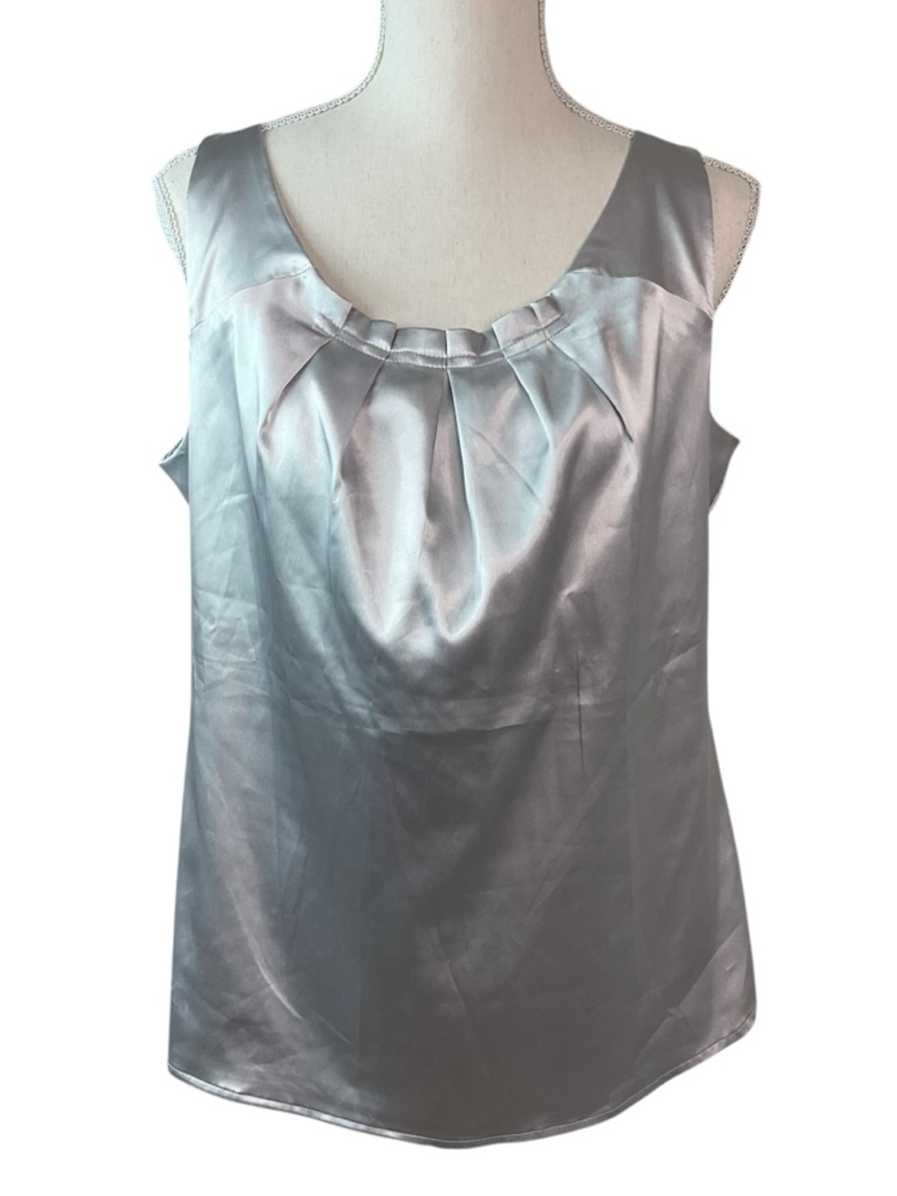 Essentials Sleeveless Satin Pleated Neck Shell Top - metallic Silver L